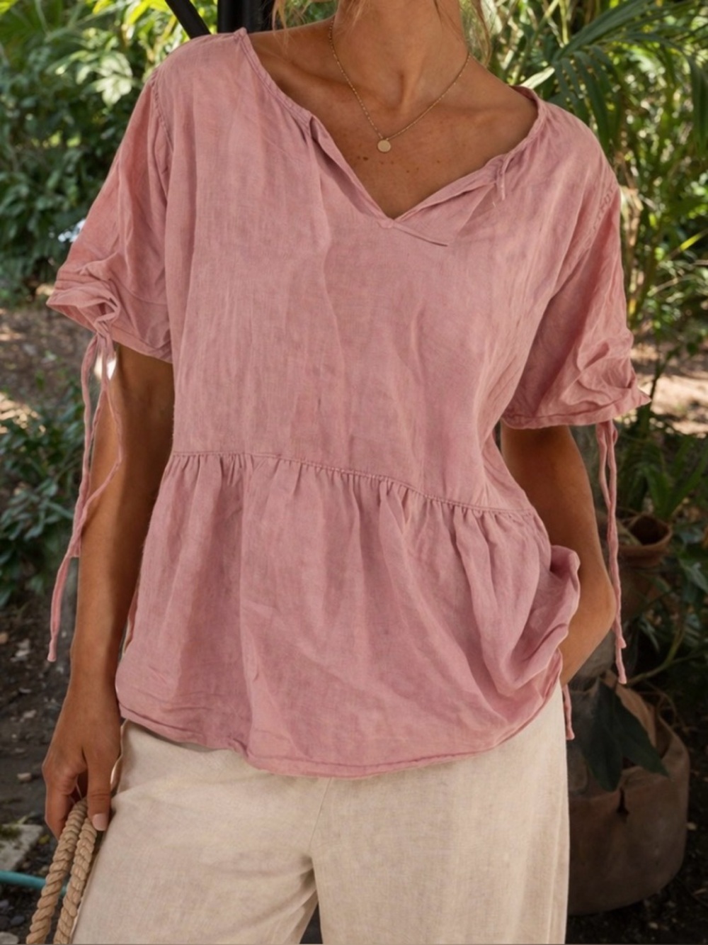 Pink V-Neck Women's Top 100% Linen